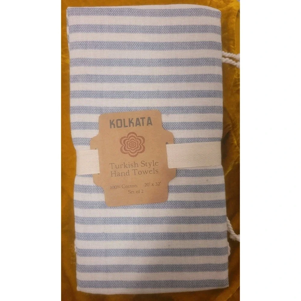 NWT Kolkata Set of 2 Turkish Hand Towels Blue/White Stripe 100% Cotton 20